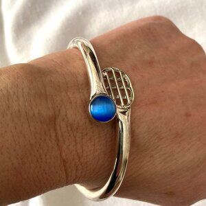 Art deco scandinavian inspired, sterling silver bangle blue stone bracelet, 7"